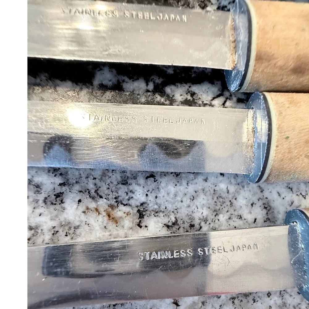 Vintage Samurai Japanese Stainless Steel Fish Knife Set Wood Sheaths 5 piece set